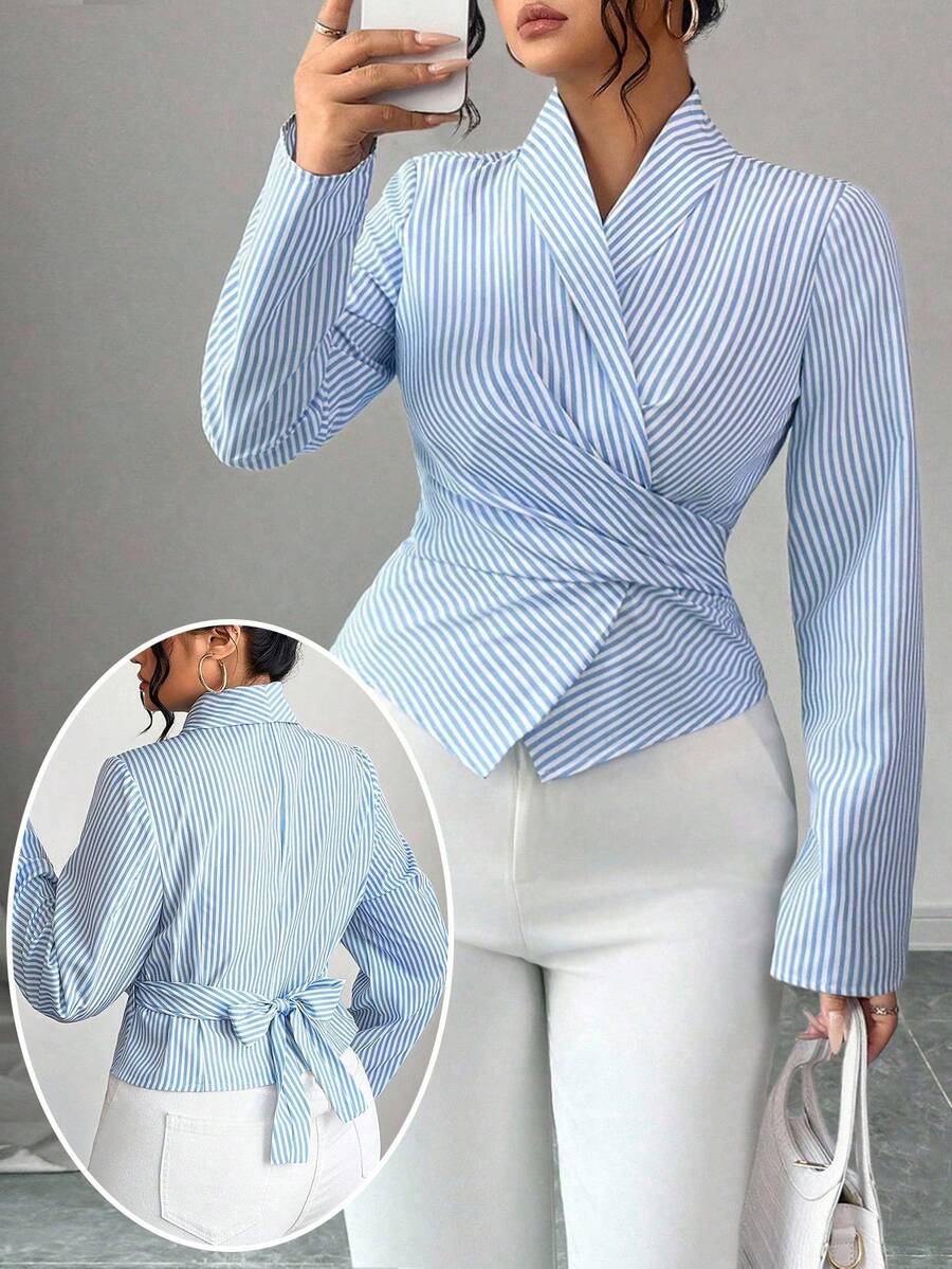 Elenzga Áo sơ mi dài tay sọc xanh trắng cổ chữ V thanh lịch dành cho nữ cỡ lớn - Xanh và trắng - Xem 1