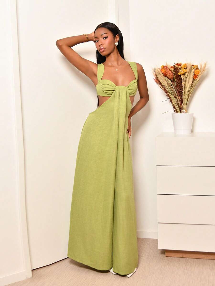 波西米亚风褶饰胸围超宽腿连体裤夏季度假波西米亚风春季夏季度假沙滩装优雅伊比沙岛假日婚礼宾客约会夜秋季 - 軍綠色 - 查看 1