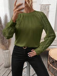 SHEIN LUNE Women's Casual Commuting Solid Color Patchwork Raglan Sleeve Fold Pleated Loose Blouse, Spring/Autumn - Olive Green - View 4