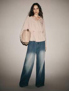 Lumivelle Women's Casual Urban Commuter Long Sleeve Shirt With Front Pocket, Adjustable Cinched Waist, Button Closure - Apricot - View 6