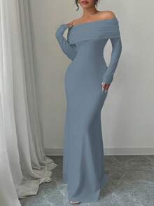 Rafferiza 性感优雅修身长袖束腰双层露肩露背扭纹鱼尾下摆罗纹针织连衣裙，白色，秋冬长款女装 - 霧霾藍 - 查看 7