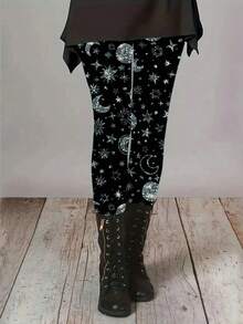 EMERY ROSE Quần legging thể thao cạp chun co giãn in hình bầu trời đầy sao cỡ lớn dành cho nữ, phù hợp với mọi mùa - màu đen - Xem 1