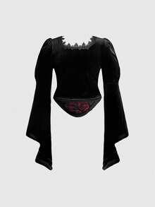 ROMWE Goth Top Elegante Vintage com Mangas Sino e Estampa Jacquard Bicolor para Mulheres Plus Size - Multicolorido - Visão 3