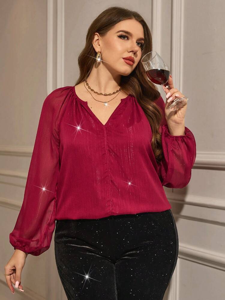Plus Size Women V-Neck Raglan Lantern Sleeve Loose Fashion Blouse, Elegant For Blouse Party, Sequin Top, Red Blouse Autumn/Winter,Going Out,2025 New,Simple And Fashionable For Everyday Wear
