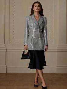 GENKIRA Autumn Elegant Sequin Embellished Lapel Double-Breasted Blazer, British Style - Multicolor - View 4