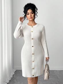 Elenzga Gaun Sweater Rajut Lengan Panjang Ukuran Besar dengan Gesper Logam yang Modis, Elegan, dan Serbaguna, untuk Musim Dingin - Aprikot - View 3