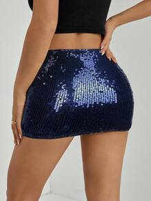SHEIN PETITE Váy mini bodycon đính sequin vàng dành cho nữ - Màu xanh hải quân - Xem 2