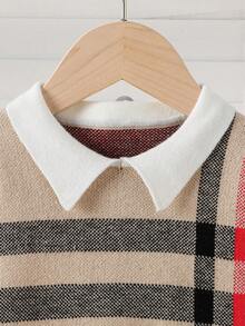 Souflis Souflis Baby Boy Peter Pan Collar Long Sleeve Plaid Casual Knit Sweater Set Autumn And Winter Two Piece Suit Baby Boys Outfit Neutral Baby Clothes Baby Boy Winter Sets Baby Boy Beige Outfit Neutral Baby Clothes Unisex - Khaki - View 3