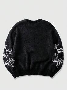 ROMWE MEN Street Life Men's Skeleton Pattern Crew Neck Long Sleeve Casual Faux Fur Sweater, Autumn/Winter - Black and White - View 2