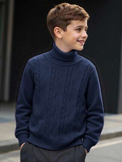 SHEIN Suéter de cuello alto de manga larga de punto cómodo y versátil para uso diario de niños preadolescentes