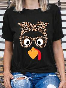 EMERY ROSE Plus Size Turkey Face With Leopard Glasses Graphic Tee Round Neck Short Sleeved T-Shirt