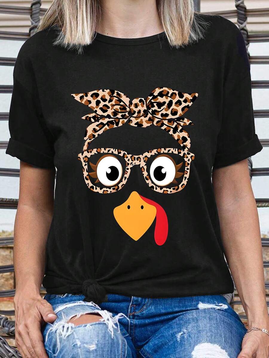 EMERY ROSE Plus Size Turkey Face With Leopard Glasses Graphic Tee Round Neck Short Sleeved T-Shirt