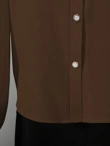 Franclia 优雅修身翻领褶裥前襟纽扣长袖卡其色女式衬衫，春秋季 - 棕色 - 查看 3