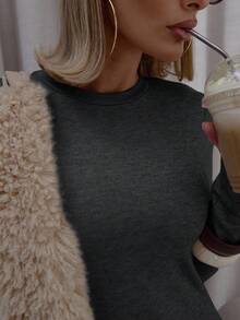 MUSERA 罗纹长袖圆领修身长款连衣裙，街头风可爱优雅休闲性感外出太妃糖派对优雅装扮 - 深灰色 - 查看 6