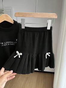 SHEIN Playful Pals 女童蝴蝶结毛衣和裙子套装，秋冬 - 黑色 - 查看 7