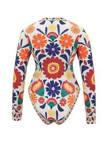 Swim SPRTY Women's Summer Round Neck Long Sleeve Zipper Design One-Piece Swimsuit, Printed Board Vacation Beach Bestselling Monokini Rash Guard Swimsuit Women Long Sleeve Bathing Suit Women Bathing Suits For Women Boho Swim Shirt For Women Long Sleeve Bikini Colorful Bathing Suit Boho Swimsuit Floral Long Sleeve Swimsuit - Multicolor - View 8