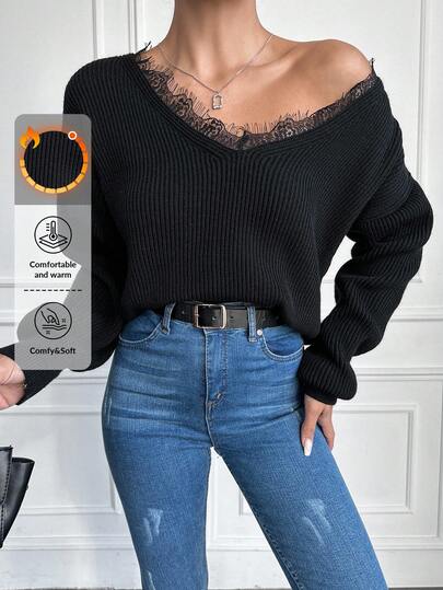 EURMUSE Women's Solid Color Contrast Lace Long Sleeve Elegant Pullover Sweater, Autumn/Winter