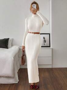 EURMUSE Damen Rippstrick Maxikleid mit hohem Kragen und Langarm, Strickware, bequem und angenehm - Beige - Übersicht 6