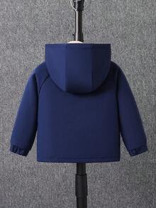 Baby Boys' Hooded Thermal Lined Slanted Pocket Zipper Pocket Casual Versatile Jacket, Suitable For Outdoor & Indoor Wear, Autumn/Winter - Navy Blue - View 2