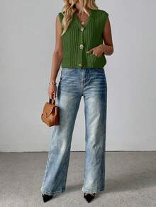 EMERY ROSE New V-Neck Ribbed Knit Cardigan Vest, Fashionable And Elegant Women Apparel - Army Green - View 7