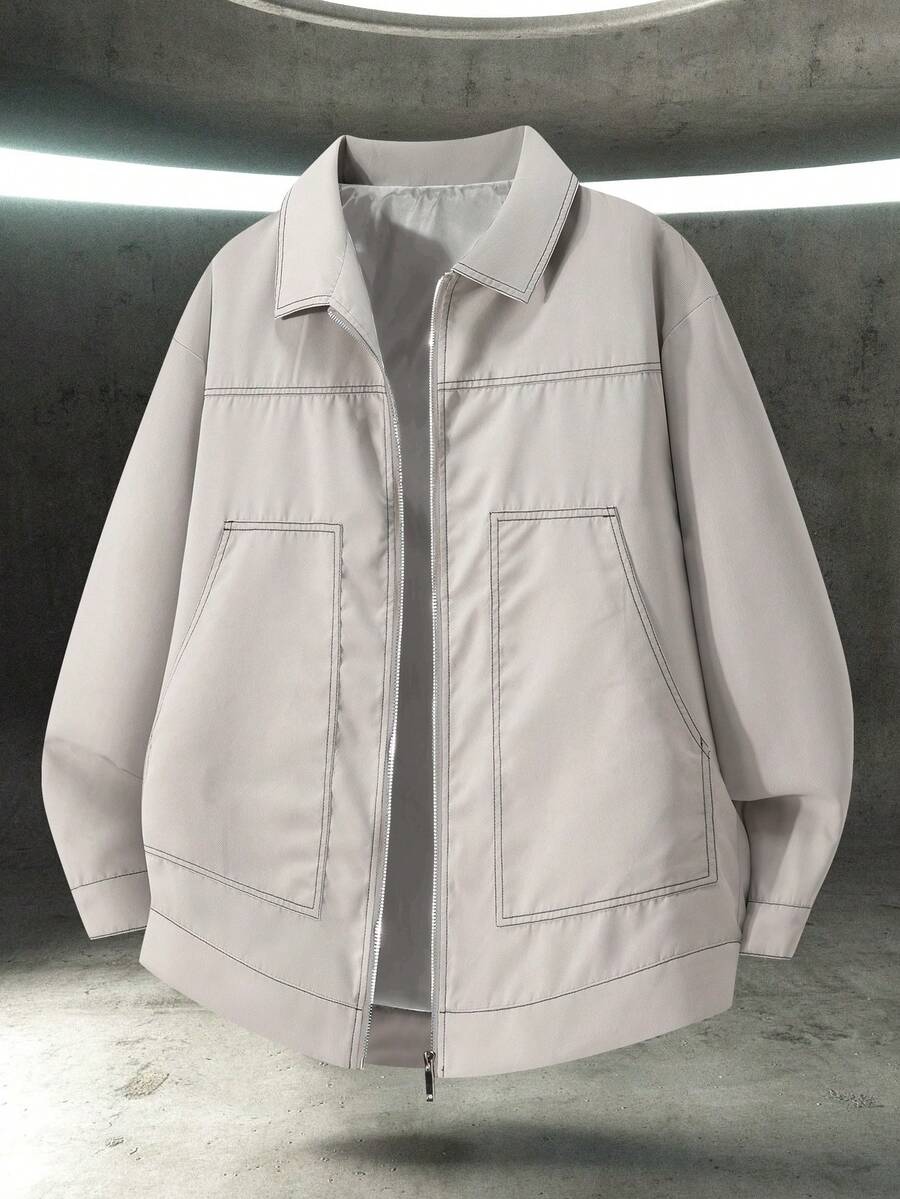 Manfinity EMRG Jaqueta masculina casual folgada com zíper e gola alta, cor sólida, outono - Bege - Ver 1