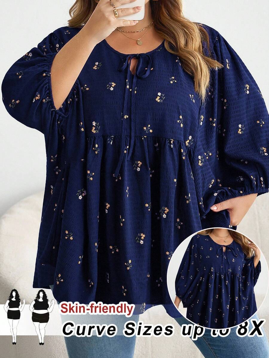 SHEIN CURVE+ 大码女式时尚休闲印花抽绳领T恤 - 藏蓝色 - 查看 1