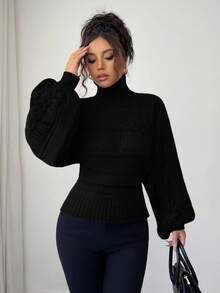 Elenzga Women's Autumn/Winter Vintage Hollow Out Stand Collar Oversized Pullover Sweater, Streetwear Style, Suitable For Holidays Like Independence Day, New Year's Day, Labor Day, Columbus Day, Thanksgiving, Christmas, Valentine's Day, Easter, Casual Outings, Back To School, Teaching Attire, Korean Chic, Elegant & Versatile, Lantern Sleeve Feature - Black - View 5