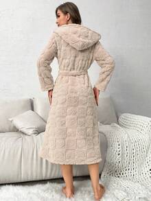 SHEIN 女士毛绒爱心连帽腰带睡袍，秋冬女士毛绒家居服，舒适保暖