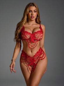 SpicyHot 两件套花卉刺绣薄纱内衣套装，极具诱惑力 - 紅色 - 查看 4