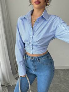 Selianne 女士休闲条纹短款褶皱长袖衬衫，春季