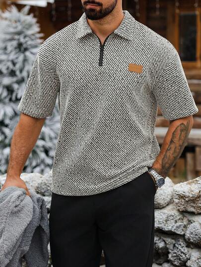 Manfinity CasualCool 男士成熟休闲条纹半拉链 Polo 衫