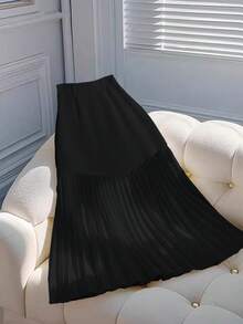 Franclia 优雅纯色褶裥纽扣A字裙，春夏款 - 黑色 - 查看 2