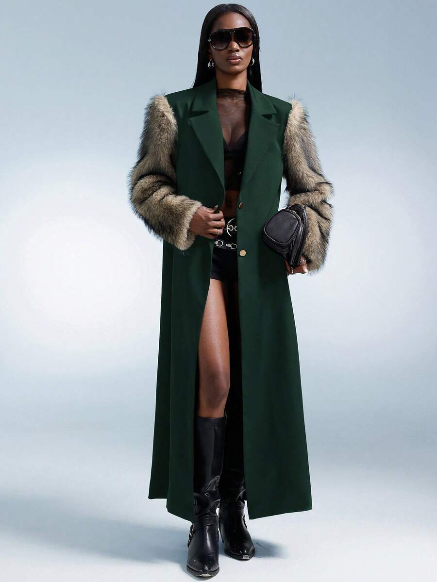 GENKIRA Autumn/Winter British Style Double-Layer Elastic Patchwork Faux Fur Long Loose Jacket - Green - View 1