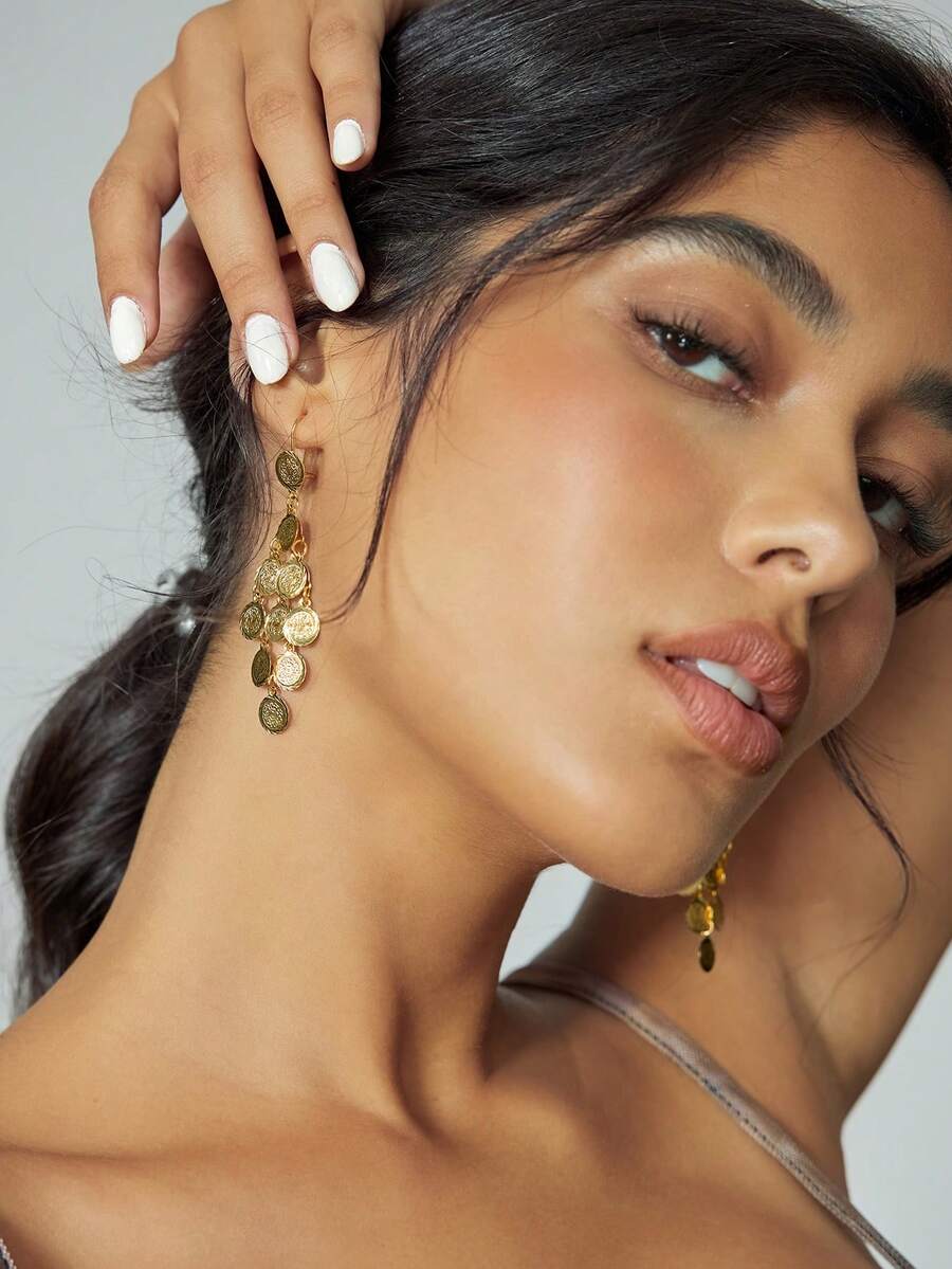 CUCCOO SZL 1 对个性化镀金复古硬币流苏长耳环，适合沙特阿拉伯女性日常、派对、宴会珠宝礼物 - 金黃色 - 查看 1