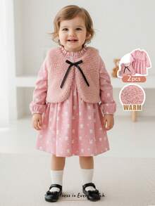 Cozy Pixies 2 Stücke Baby Mädchen Set mit Schleife Dekor Fleeceweste & Polka Punkt Langarm Taille Raffung Kleid, warm & dick, geeignet für den Winter - Pink - Übersicht 3