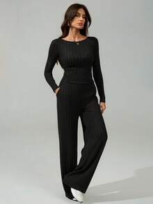 SHEIN Tall Autumn And Winter Women's Wide-Striped Knitted Slim Irregular Slanted Hem Top + Wide-Leg Pants Casual And Comfortable Home Black Two Pieces Suit - Black - View 4