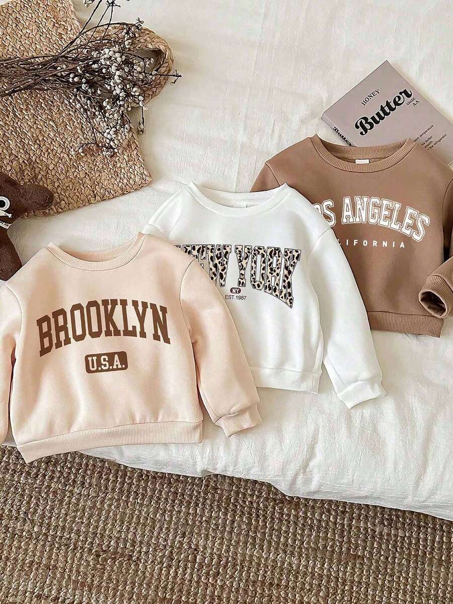 SHEIN 年轻女孩 3 件套休闲简约豹纹印花字母图案加厚保暖内衬长袖运动衫,适合秋冬季、秋季服装 - 彩色 - 查看 1