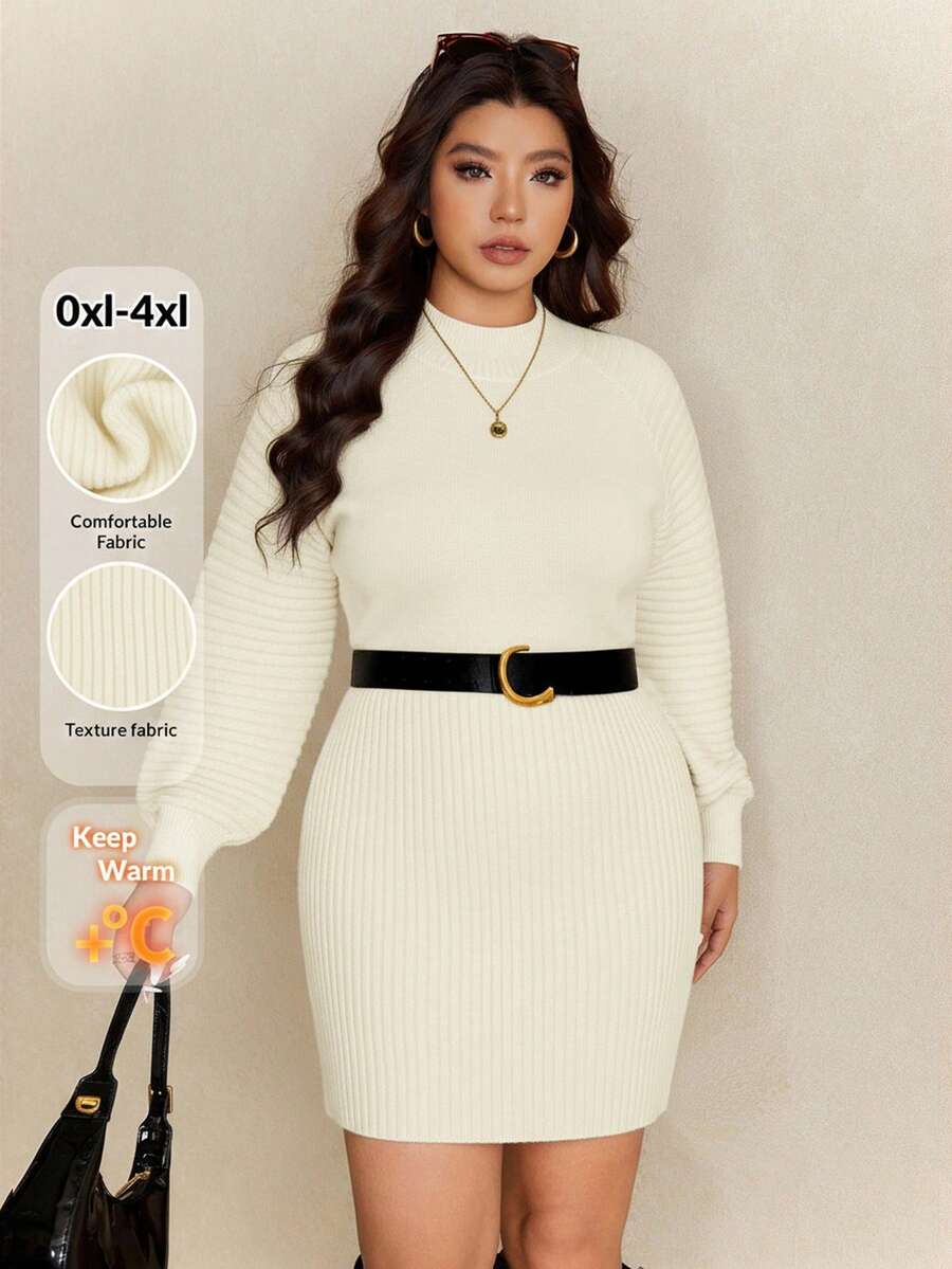 Elaquor Plus Size Crew Neck Raglan Sleeve Casual Versatile Comfortable Knit Sweater Dress/Winter - Apricot - View 1