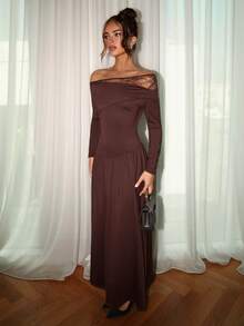 SHEIN Glamour Elegant Asymmetric Shoulder Line Sexy Off-Shoulder Dress Chocolate Brown Top Long Brown Skirt Christmas Outfit Women - Brown - View 6