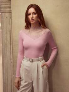 MOTF PREMIUM PINK ORGANZA PATCHWORK LONG SLEEVE FITTED PULLOVER SWEATER - Pink - View 6