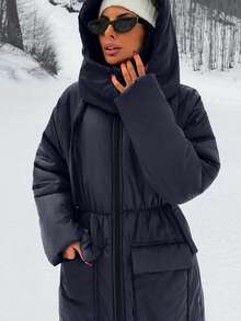 SHEIN Women's Puffer Hooded Versatile Padded Coat, Winter Women Clothes, Padded Coat Women, Casual Long Padded Coat - Navy Blue - View 7