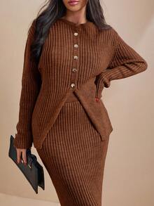 EURMUSE Conjunto de cardigan y falda de punto acanalado con botones delanteros de unicolor para mujer - Marrón - Ver 2