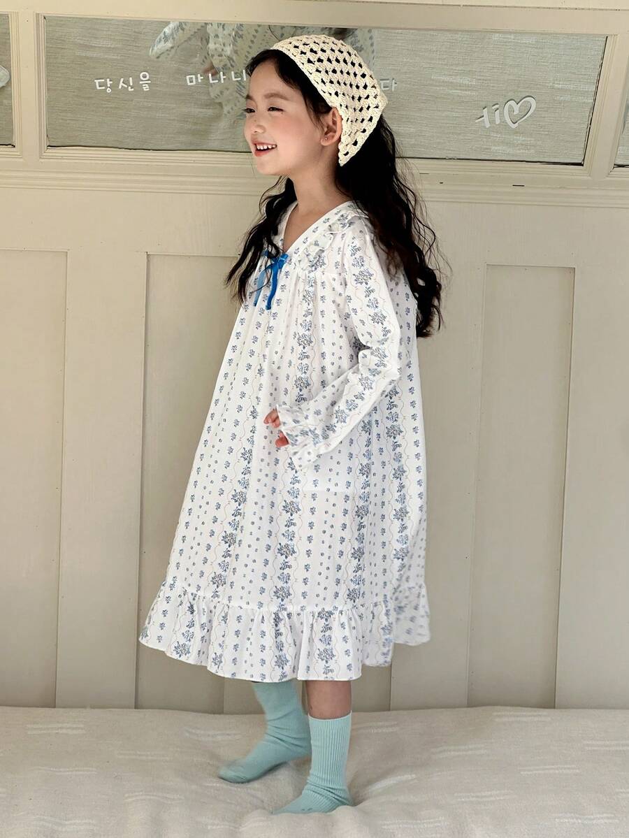 Dazy Kids 女童V领碎花长袖睡裙家居服 - 白色 - 查看 1