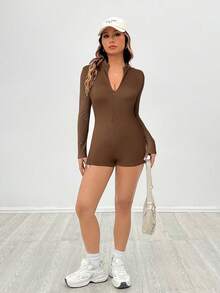 SHEIN PETITE Body de manga larga con cremallera y acanalado en color negro - Marrón - Ver 6