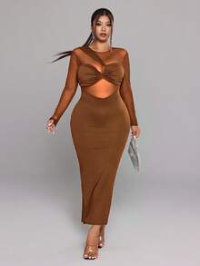 NU&NOW 大码女式长袖圆领网纱拼接紧身性感派对连衣裙 - 棕色 - 查看 5