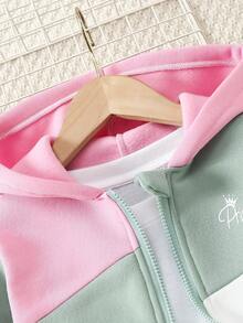 2pcs/Set Young Girls Contrast Color Block Hooded Zipper Sweatshirt Sweatshirt And Drawstring Pants Outfit, Autumn/Winter - Green - View 4