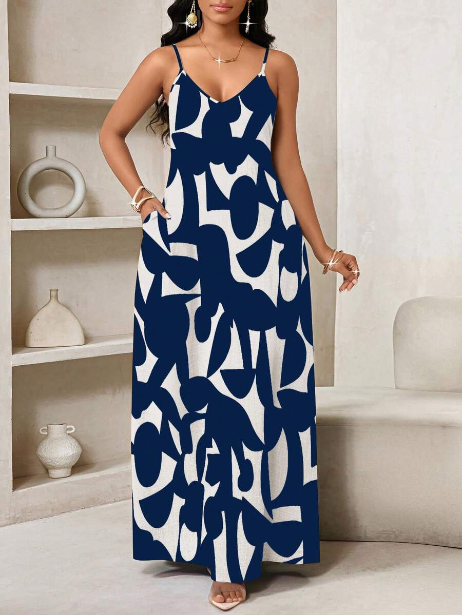 SHEIN Lady Vestido de tirantes largo con estampado geométrico, apto para uso casual diario - Azul y blanco - Ver 1