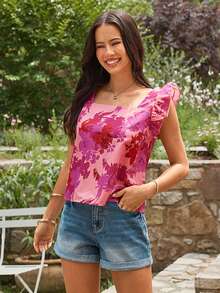 KARISMINA Vacation Floral Print Square Collar Small Flying Sleeve Women's Summer Shirt - Multicolor - View 3