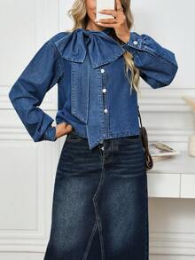 EMERY ROSE 女式纯色休闲长袖牛仔衬衫 - 藍色 - 查看 5