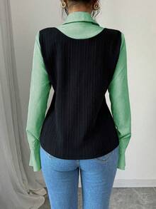 Elenzga Áo thun dài tay kẻ sọc tương phản thường ngày cho nữ, mùa thu - Màu xanh lá cây đậm - Xem 2